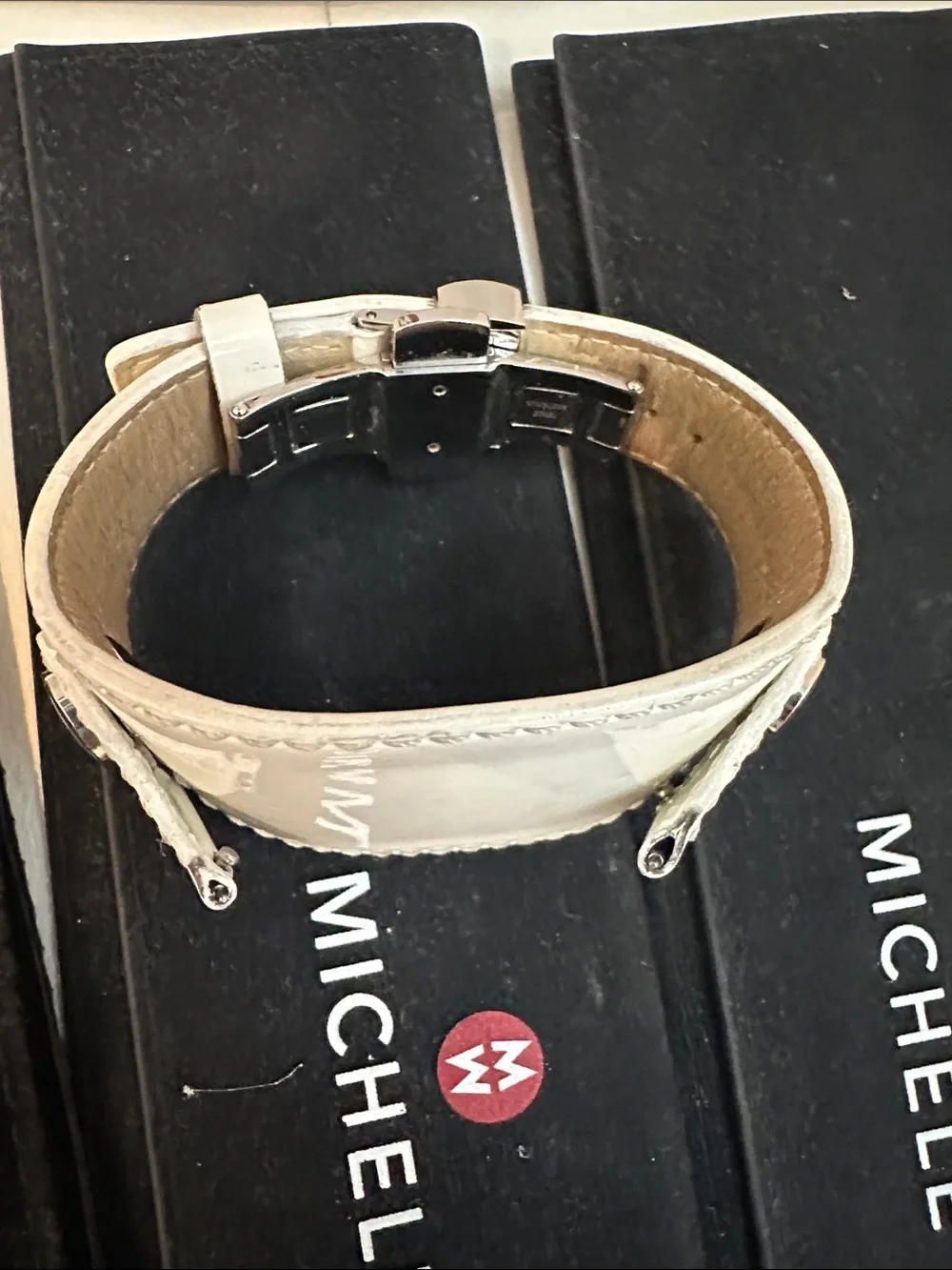 Michele diamond and Stainless Steel Watch with Blue , Black, Red & White Straps